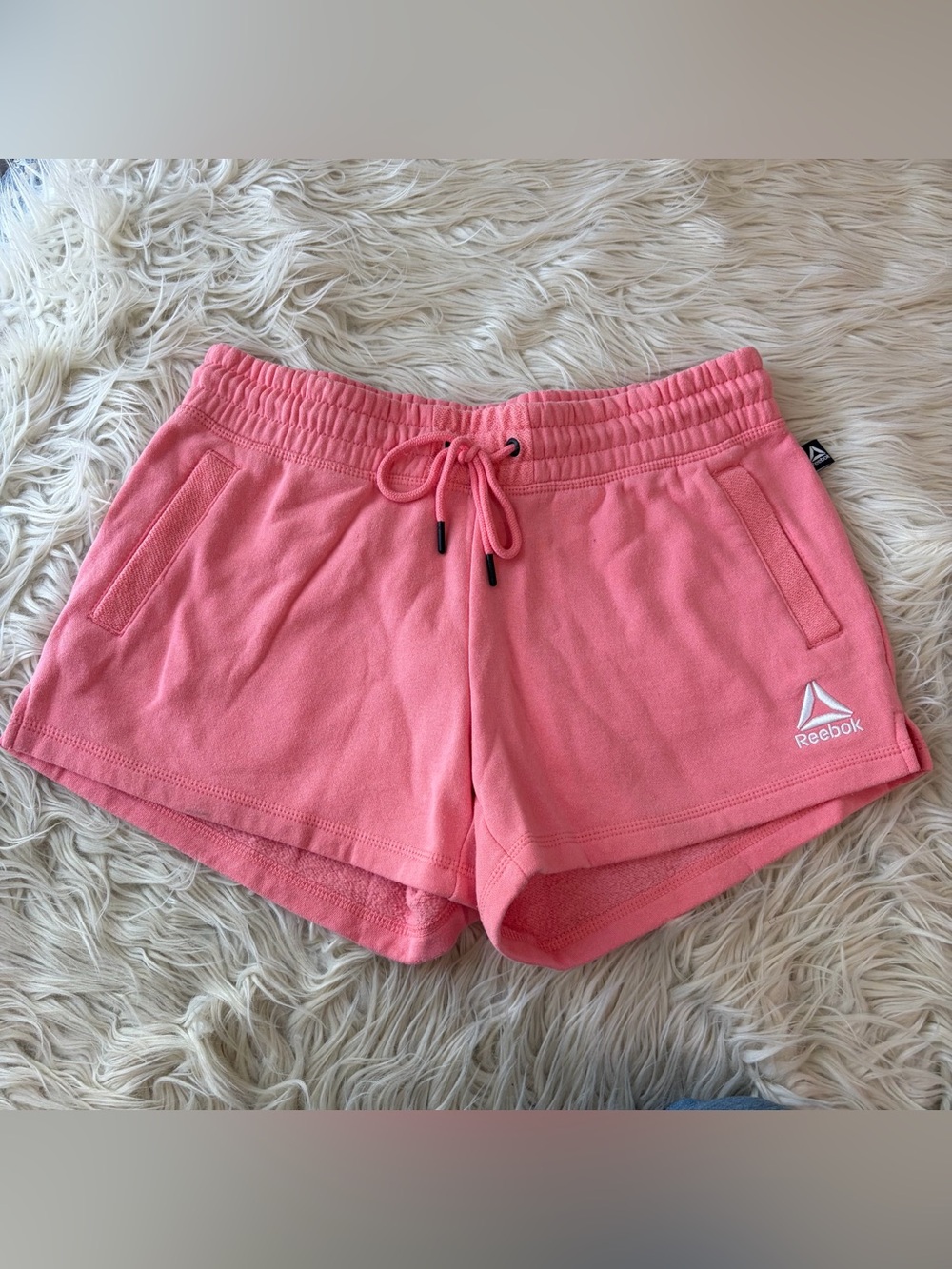 Reebok Pink French Terry Athletic Shorts Drawstring Pockets Logo Women’s Small